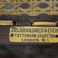 Makers Mark Label - Rare Jas Shoolbred bentwood lattice back armchair with cane seat and pierced Arts & Crafts design