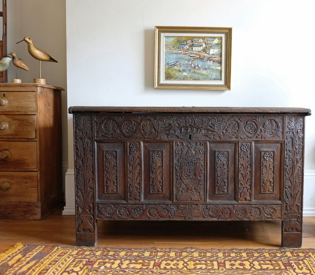 carved oak storage chest