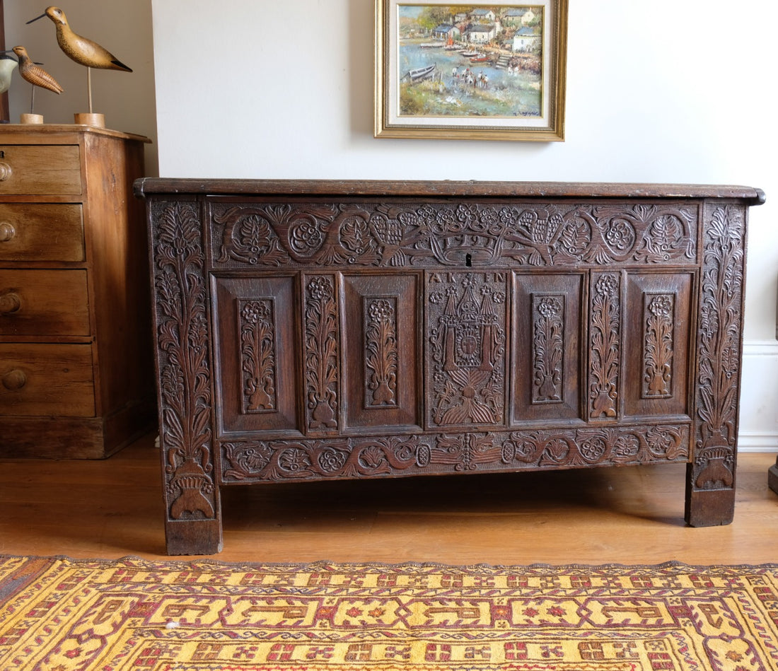 1791 AKEN Carved Oak Coffer Chest