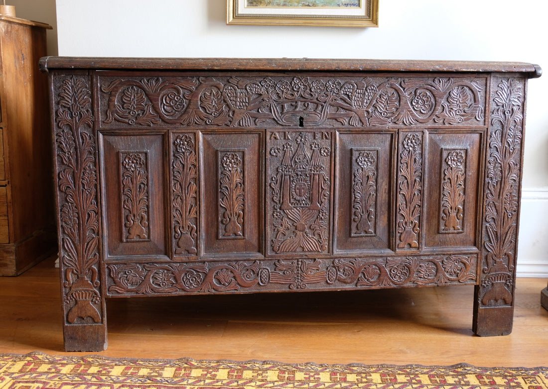 phoenix vine carving oak coffer