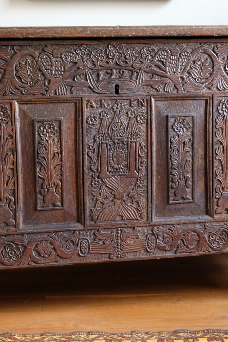phoenix vine carving oak coffer