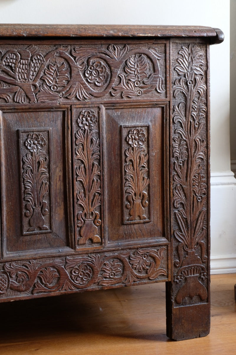 phoenix vine carving oak coffer