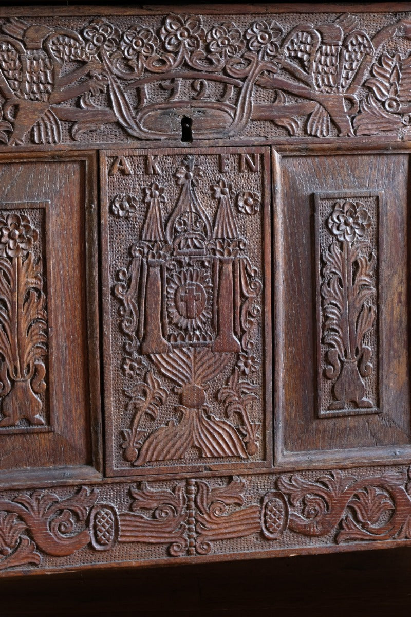 1791 AKEN Carved Oak Coffer Chest