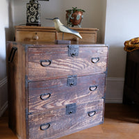 Antique Isho Tansu three-drawer cedar chest with iron corner reinforcements