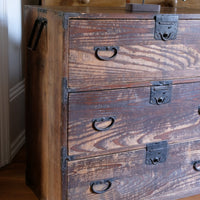 Close-up of hand-forged iron lock and keyhole escutcheon on Isho Tansu chest