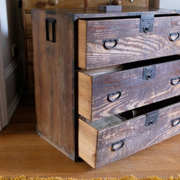 Antique Isho Tansu three-drawer cedar chest with iron corner reinforcements