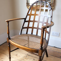 Rare Jas Shoolbred bentwood lattice back armchair with cane seat and pierced Arts & Crafts design