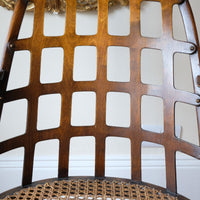 Rare Jas Shoolbred bentwood lattice back armchair with cane seat and pierced Arts & Crafts design
