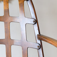 close up of lattice work - Rare Jas Shoolbred bentwood lattice back armchair with cane seat and pierced Arts & Crafts design