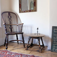 1950s carved oak Priory low round stool table