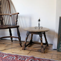 1950s carved oak Priory low round stool table