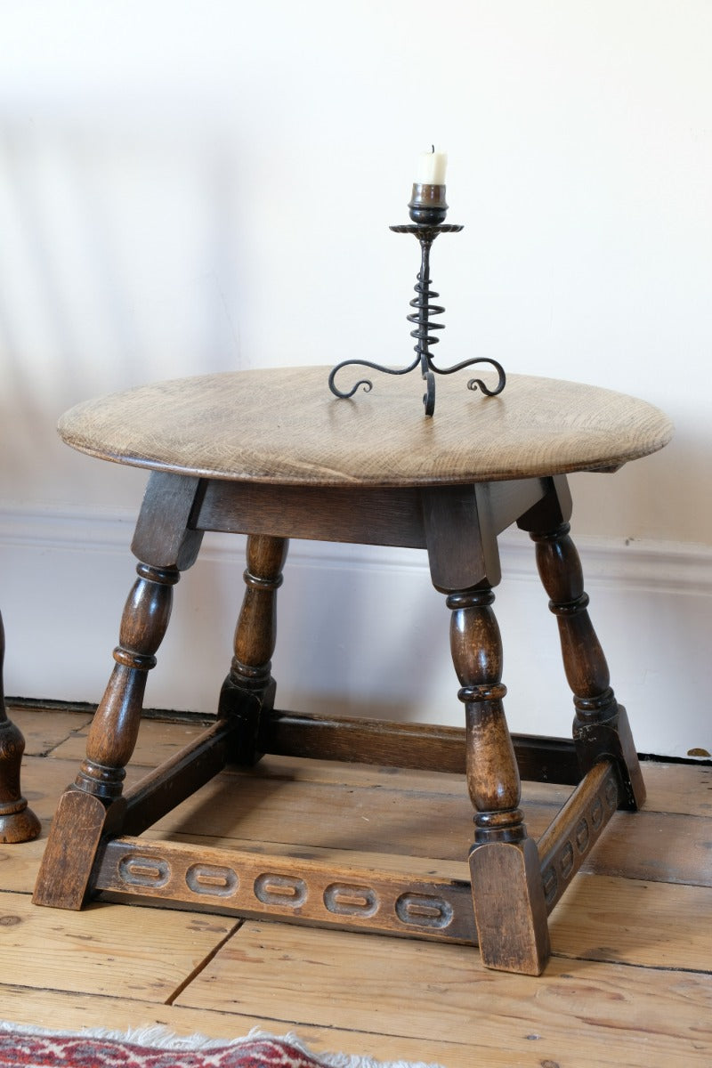 1950s carved oak Priory low round stool table
