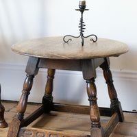 1950s carved oak Priory low round stool table