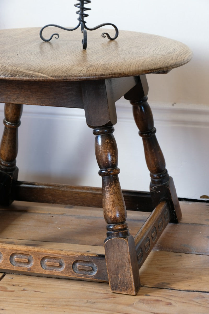 1950s carved oak Priory low round stool table