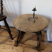 1950s carved oak Priory low round stool table