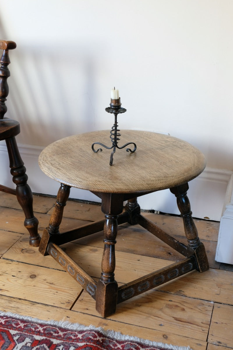 1950s carved oak Priory low round stool table