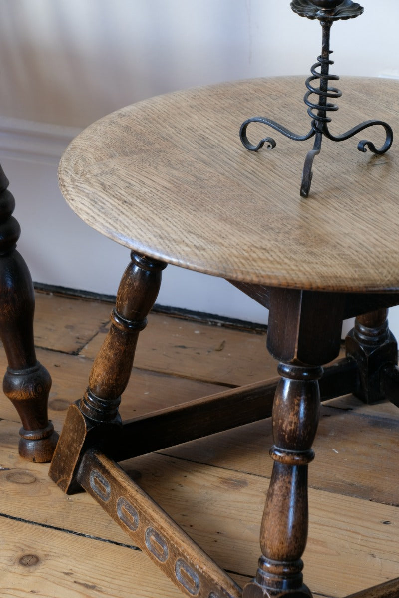 1950s carved oak Priory low round stool table
