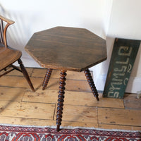 Gypsy table with mahogany bobbin legs and hexagonal pine top