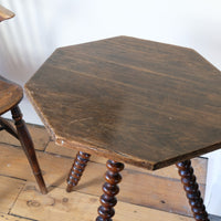Gypsy table with mahogany bobbin legs and hexagonal pine top