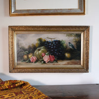 19th century English School still life oil painting with fruit, flowers and Blue Tit in giltwood frame