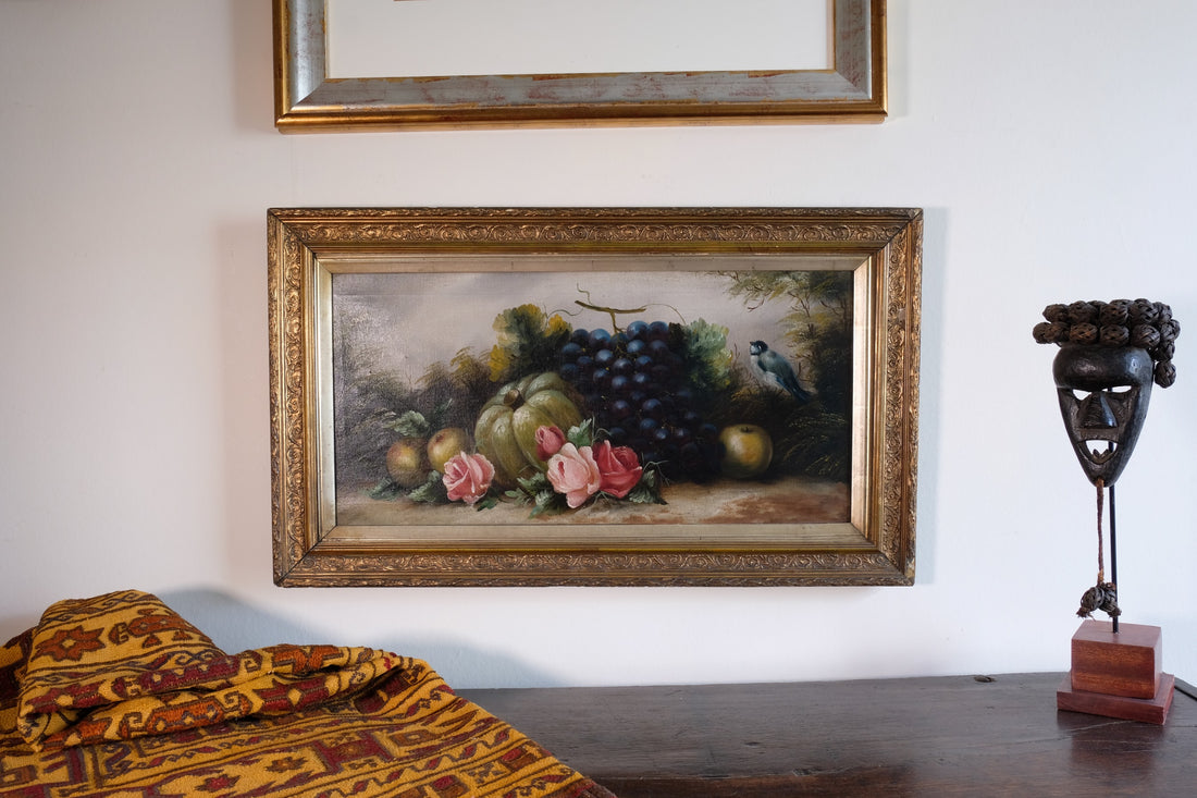 19th century English school still life oil painting fruit flowers Blue Tit