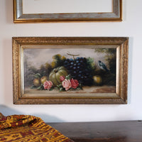19th century English school still life oil painting fruit flowers Blue Tit