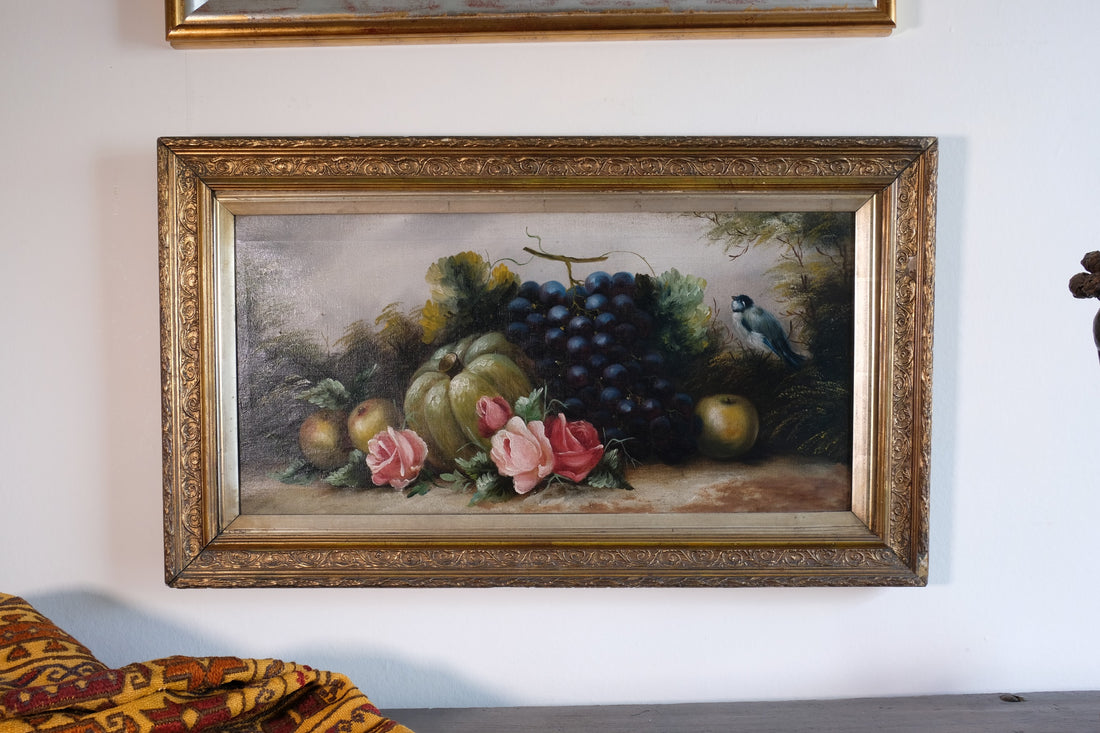 19th century English school still life oil painting fruit flowers Blue Tit