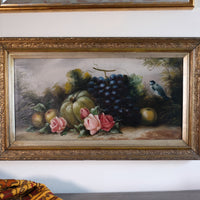 19th century English school still life oil painting fruit flowers Blue Tit