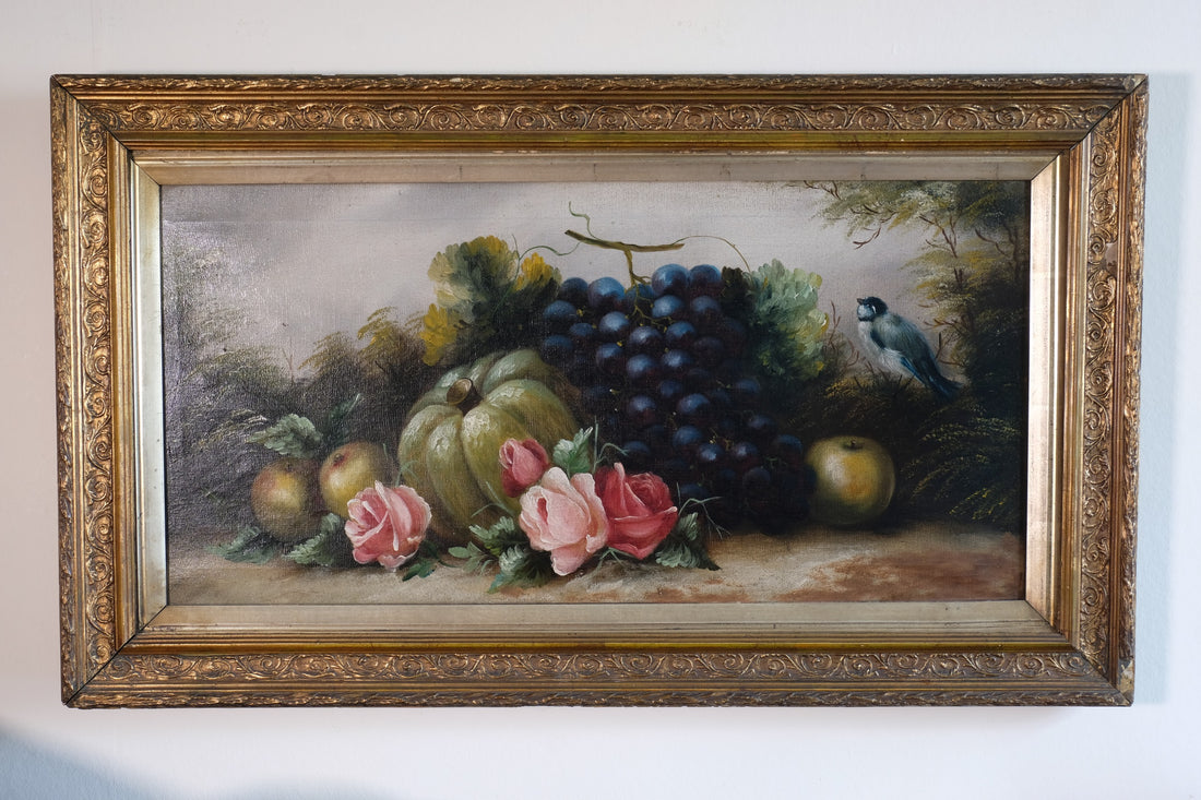 19th century English school still life oil painting fruit flowers Blue Tit