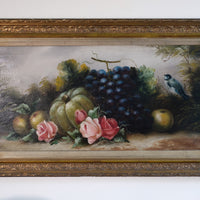 19th century English school still life oil painting fruit flowers Blue Tit