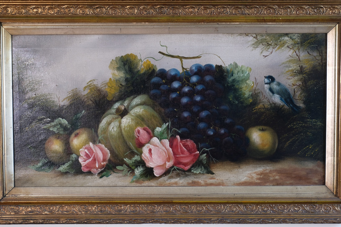 19th century English school still life oil painting fruit flowers Blue Tit