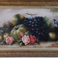19th century English school still life oil painting fruit flowers Blue Tit