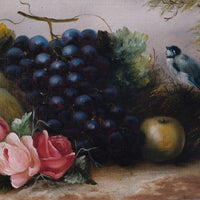 19th century English school still life oil painting fruit flowers Blue Tit