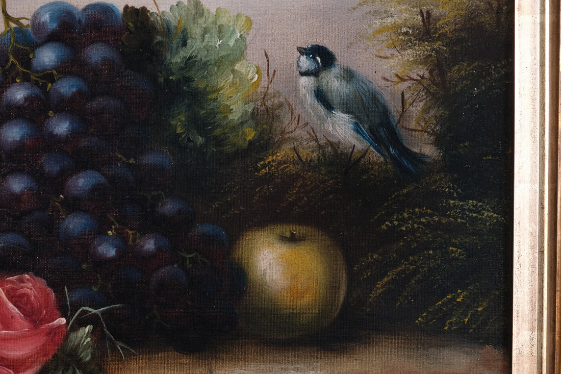 19th century English school still life oil painting fruit flowers Blue Tit