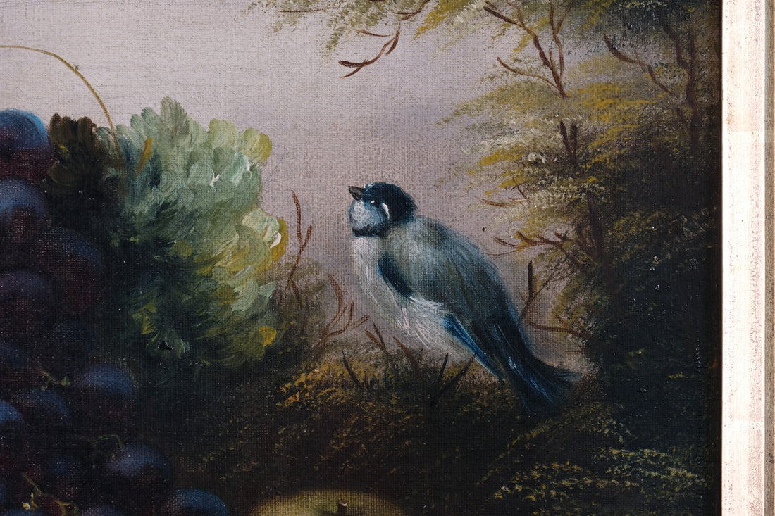 19th century English school still life oil painting fruit flowers Blue Tit