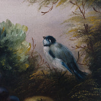 19th century English school still life oil painting fruit flowers Blue Tit
