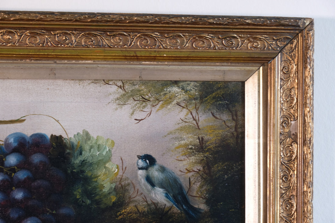 19th century English school still life oil painting fruit flowers Blue Tit
