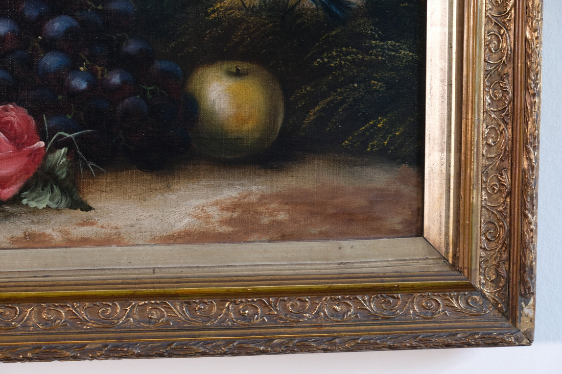 19th century English school still life oil painting fruit flowers Blue Tit
