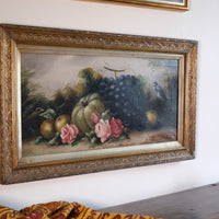 19th century English School still life oil painting with fruit, flowers and Blue Tit in giltwood frame