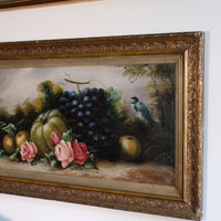 19th century English school still life oil painting fruit flowers Blue Tit