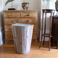 Vintage tub table with red and blue top made from hardwood staves