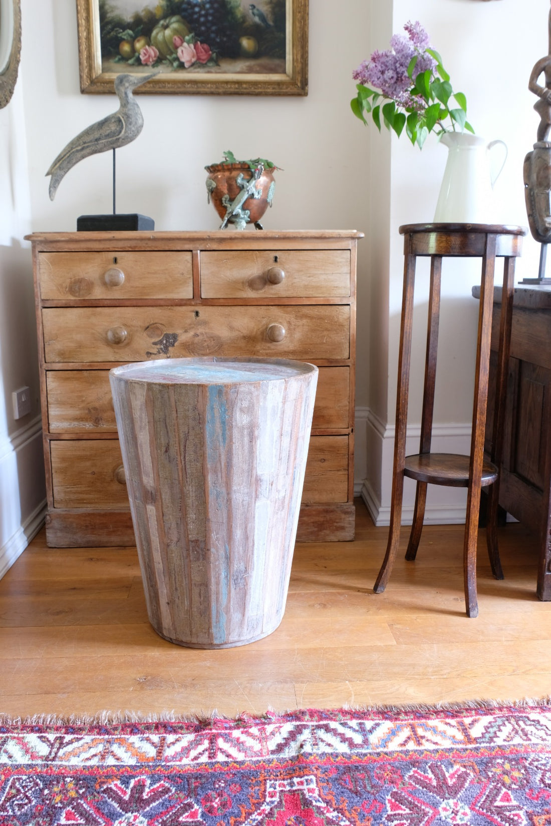 Vintage tub table with red and blue top made from hardwood staves