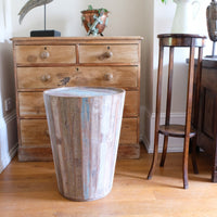 Vintage tub table with red and blue top made from hardwood staves