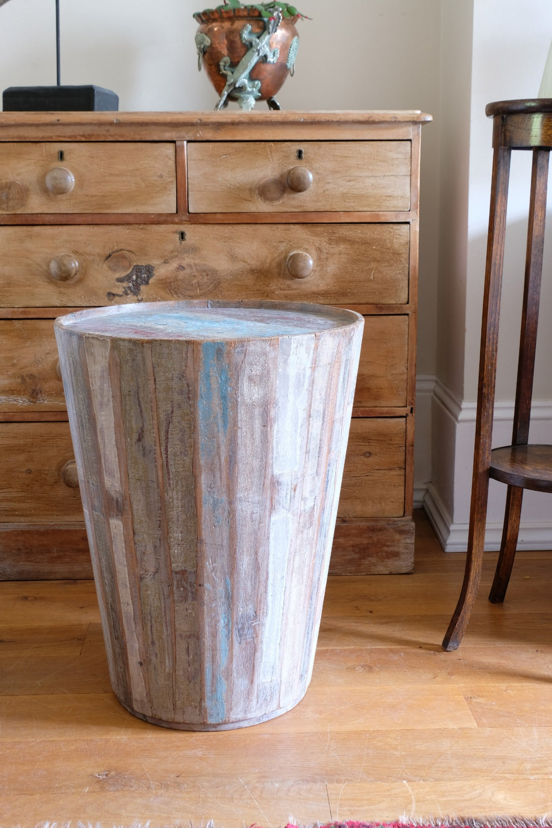 Vintage tub table with red and blue top made from hardwood staves