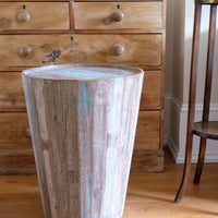 Vintage tub table with red and blue top made from hardwood staves