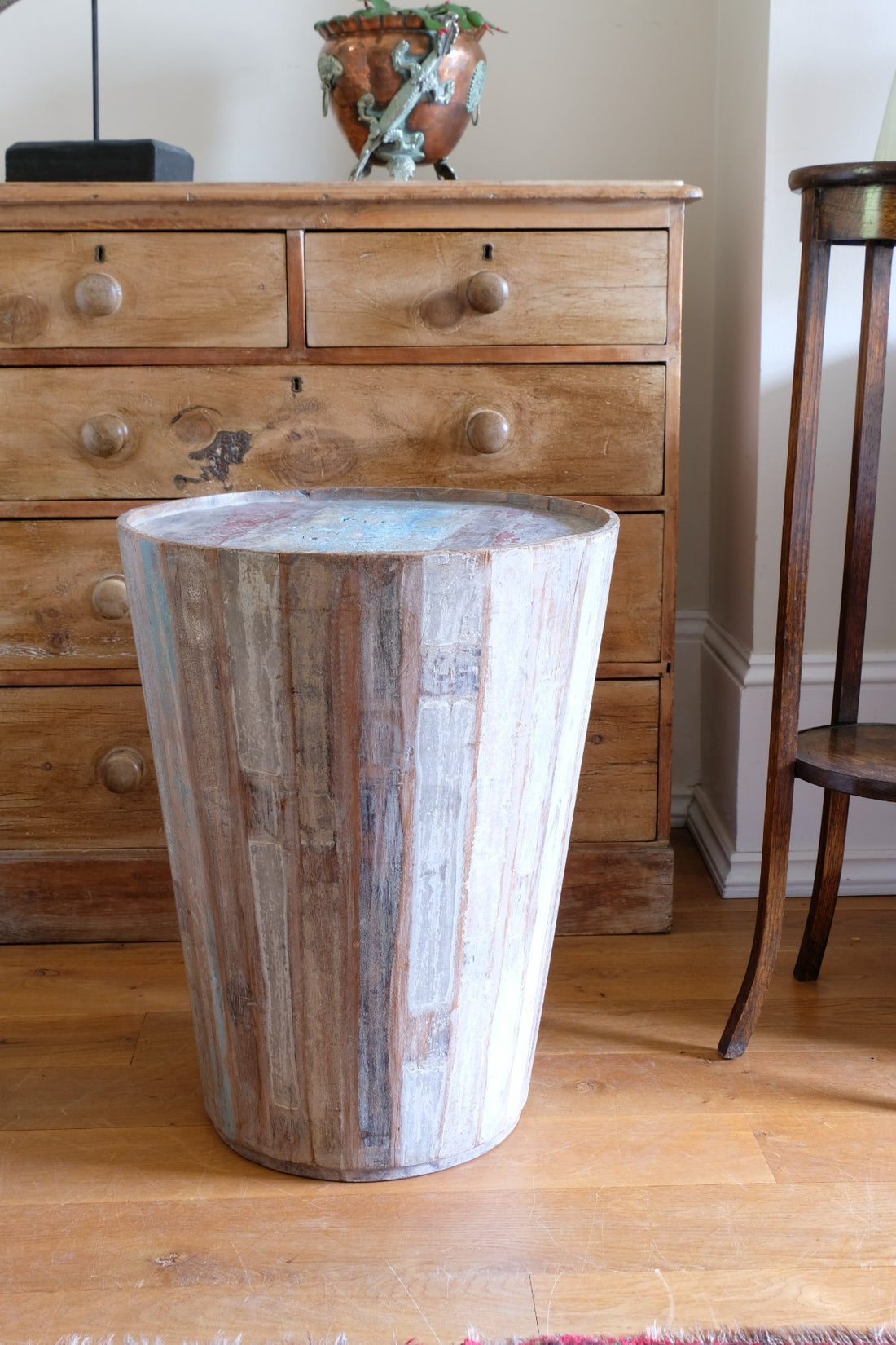 Vintage tub table with red and blue top made from hardwood staves