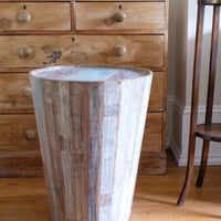 Vintage tub table with red and blue top made from hardwood staves
