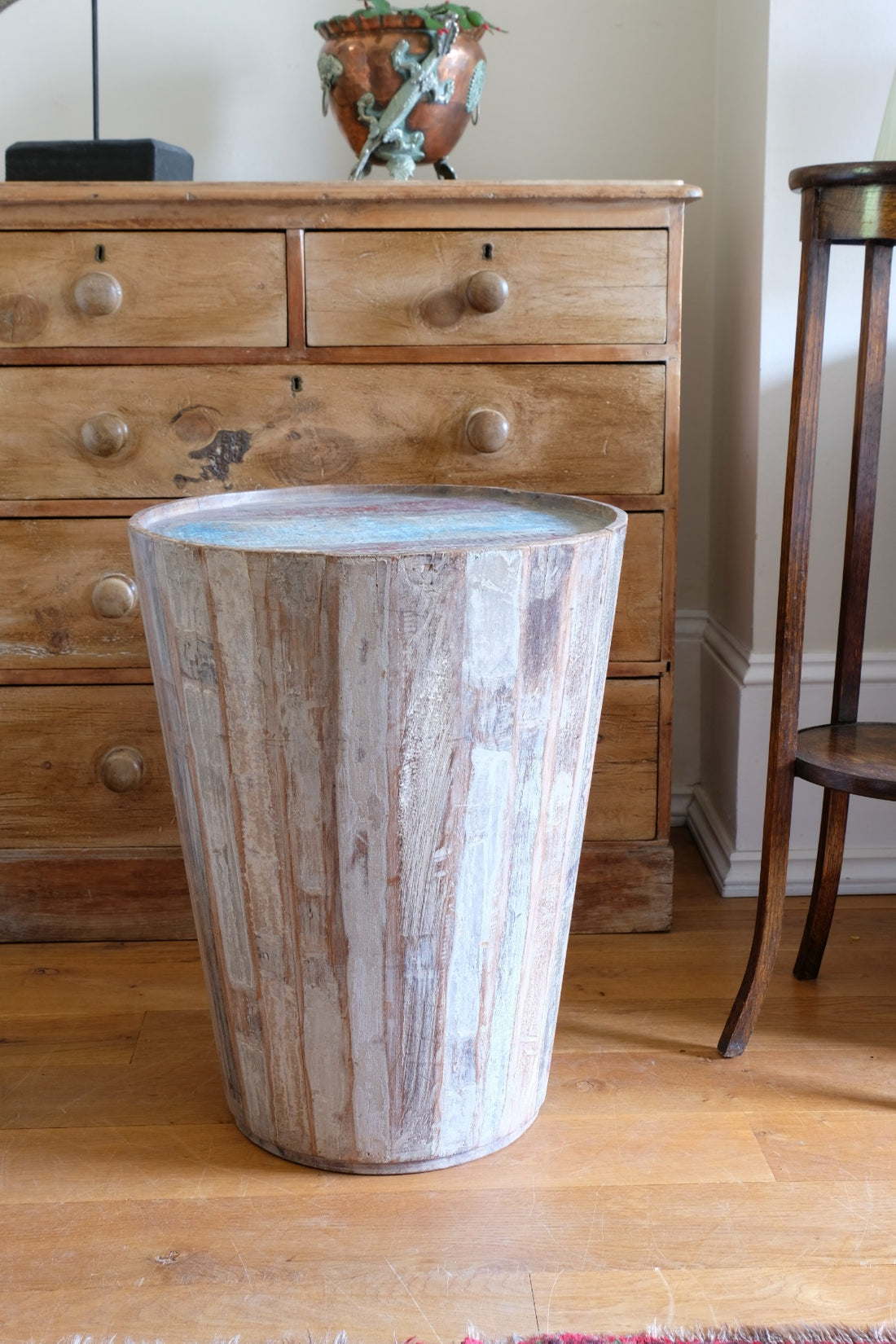 Vintage tub table with red and blue top made from hardwood staves
