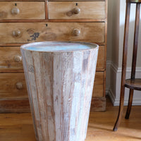 Vintage tub table with red and blue top made from hardwood staves