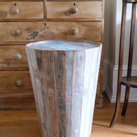 Vintage tub table with red and blue top made from hardwood staves